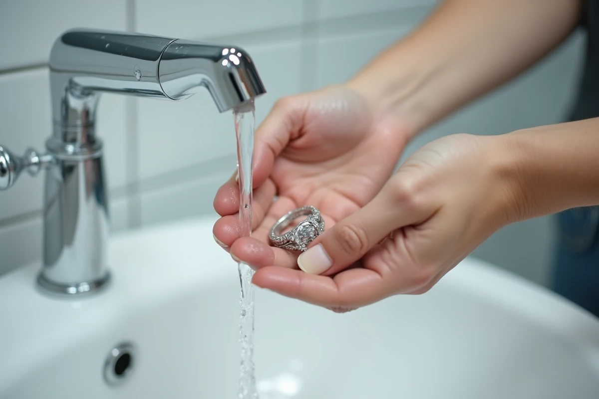 Rinçage d'une bague en argent sous l'eau claire du robinet après nettoyage