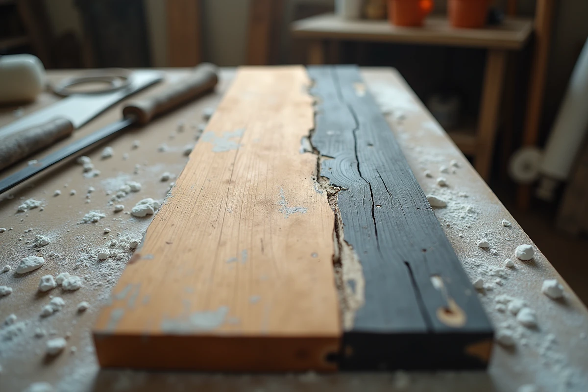 Gros plan sur une planche en bois en cours de sablage montrant le contraste entre la surface décapée et la peinture ancienne