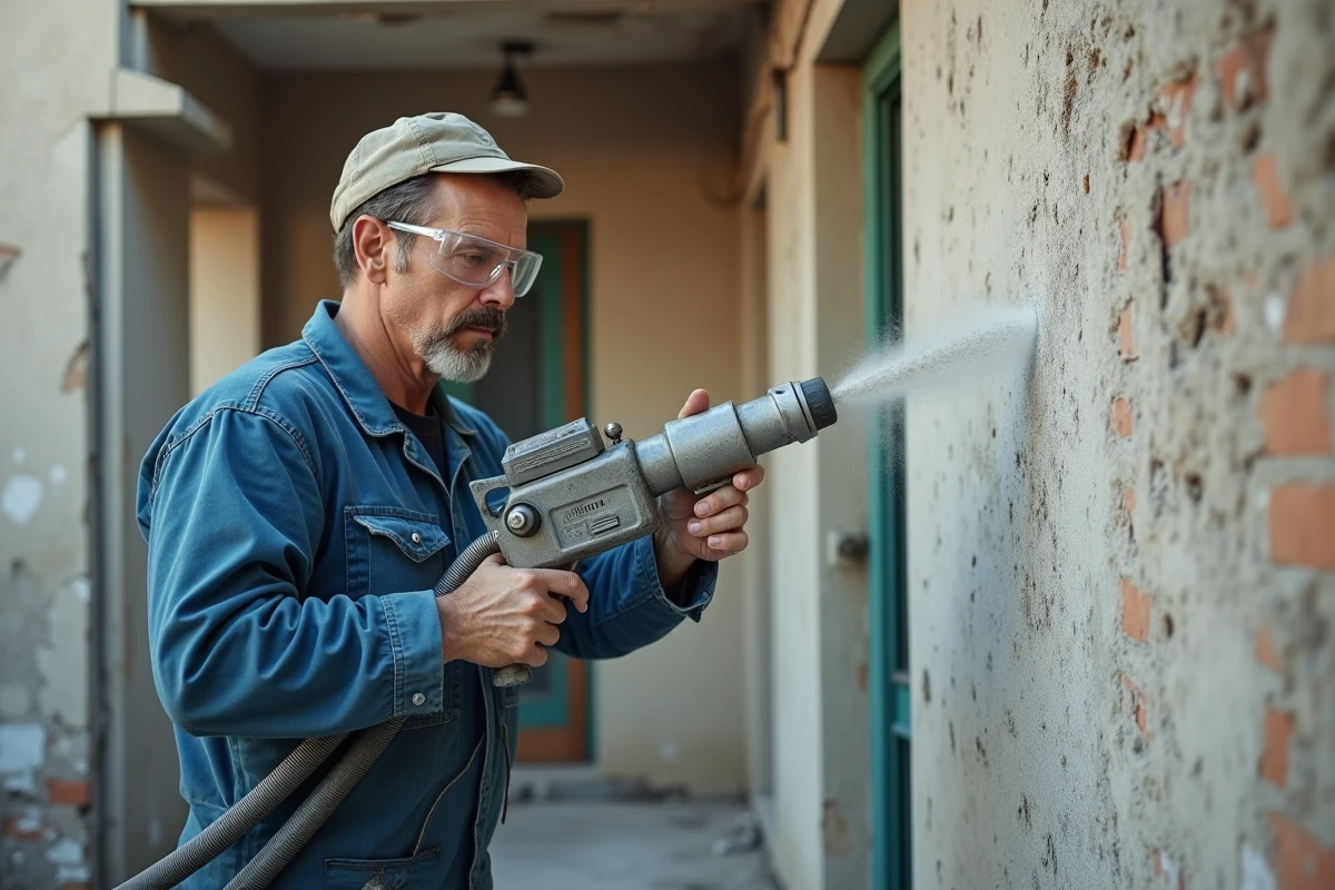Ouvrier réalisant un sablage sur une façade en béton avec équipement de protection, technique de décapage au sable sur mur résidentiel
