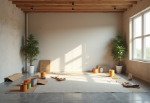 Salon moderne en rénovation avec outils et lumière naturelle