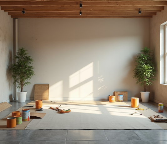 Prix rénovation : coût moyen et budget travaux 2025 Salon moderne en rénovation avec outils et lumière naturelle