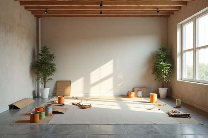 Salon moderne en rénovation avec outils et lumière naturelle