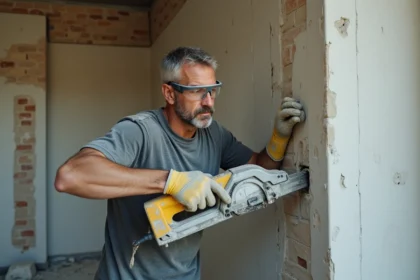 Ouvrier utilisant une scie sabre pour découper un mur non porteur lors de travaux de rénovation intérieure
