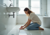 Protéger sa salle de bain des insectes liés à l’humidité : guide exhaustif Femme appliquant du silicone dans une salle de bain moderne