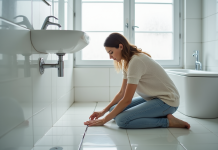 Femme appliquant du silicone dans une salle de bain moderne