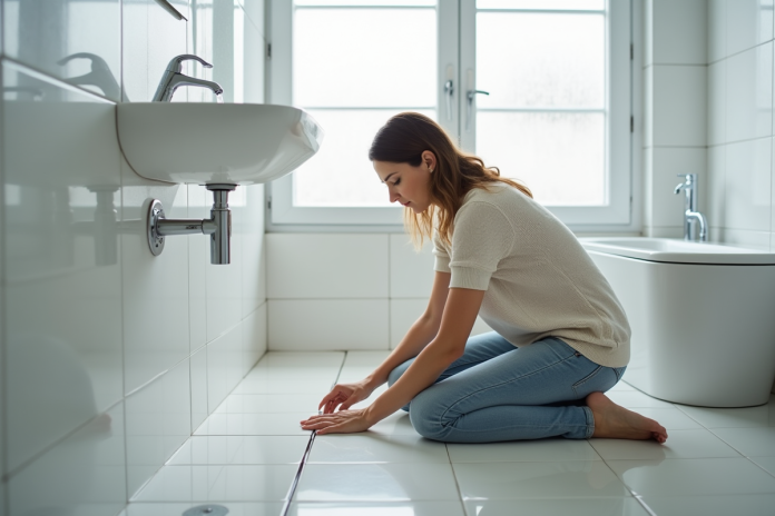 Femme appliquant du silicone dans une salle de bain moderne