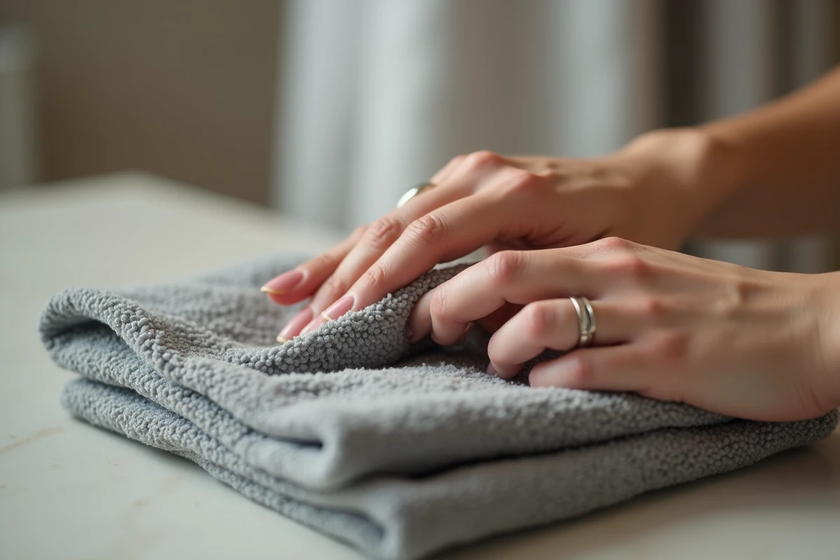 Séchage d'une bague en argent avec un chiffon microfibre pour éviter les traces et l'oxydation