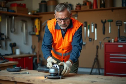 Homme portant équipements de protection individuelle utilisant une meuleuse Parkside dans un atelier de garage organisé