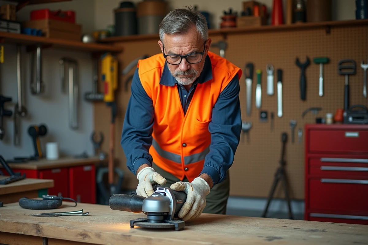 Homme portant équipements de protection individuelle utilisant une meuleuse Parkside dans un atelier de garage organisé
