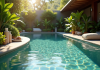 Spa extérieur moderne entouré de verdure avec eau cristalline