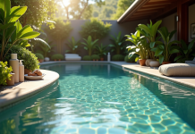 Spa extérieur moderne entouré de verdure avec eau cristalline