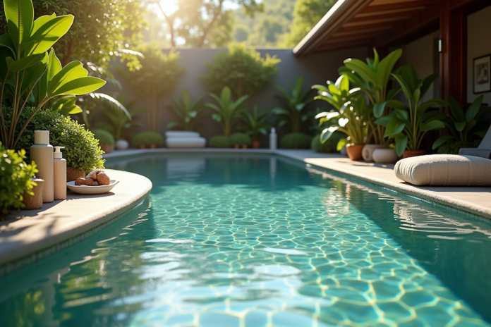 Spa extérieur moderne entouré de verdure avec eau cristalline