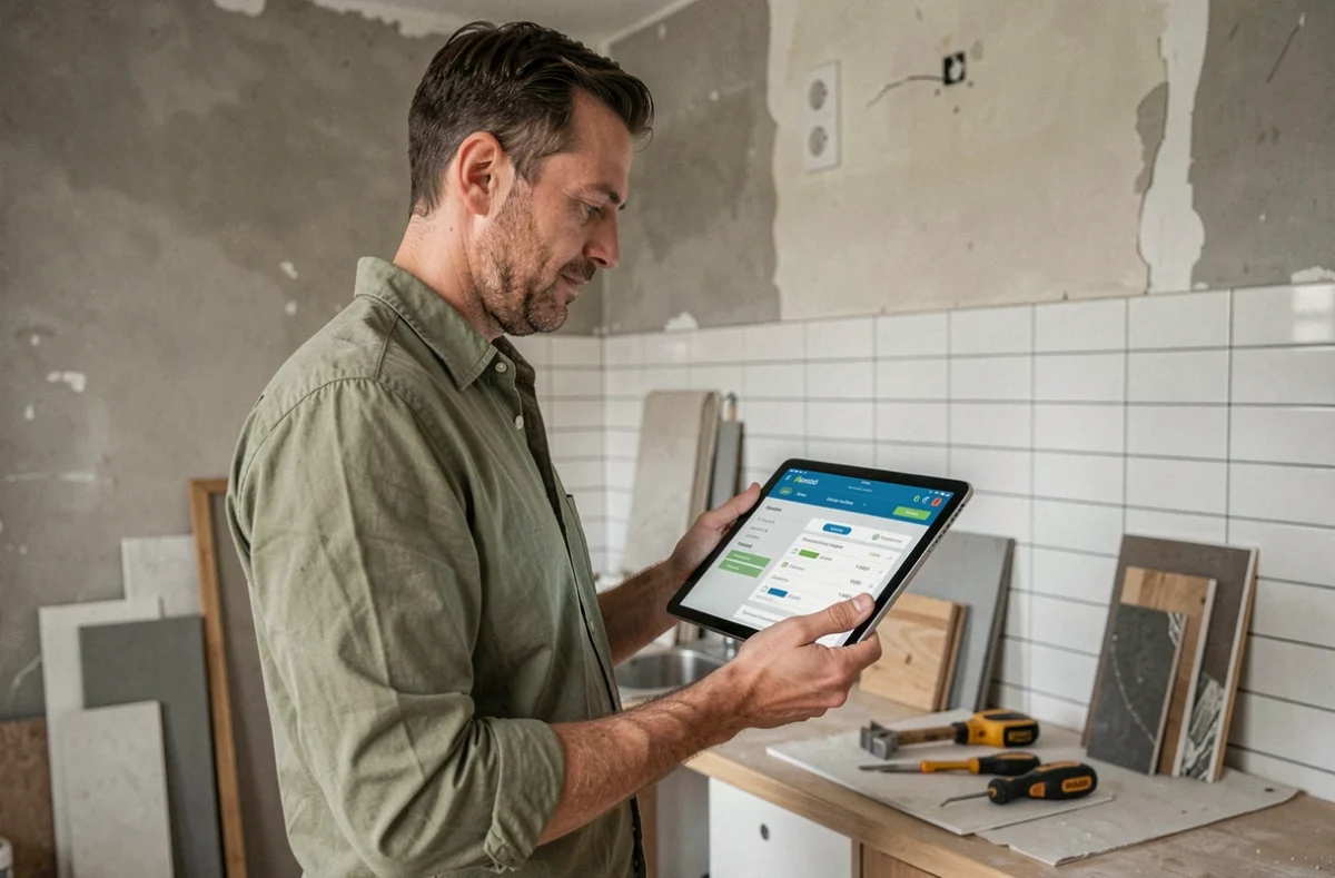 Homme consultant une application de suivi budgétaire sur tablette dans une cuisine en cours de rénovation avec matériaux visibles en arrière-plan