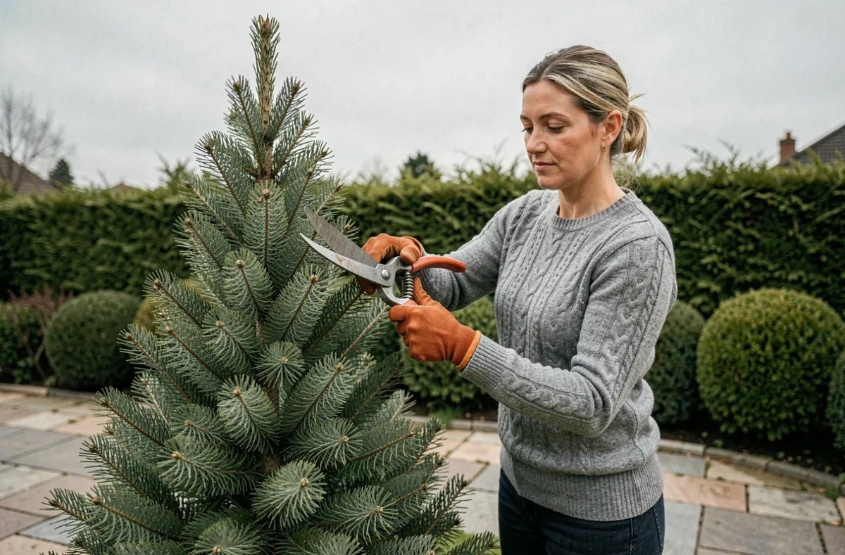 Femme jardinière taillant la cime d'un sapin dans un jardin de maison individuelle avec des cisailles à haie manuelles