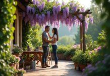 Personne taillant une wisteria sur une terrasse ensoleillee