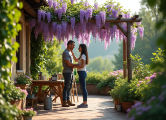 Entretenir sa glycine après la bouture : astuces et recommandations Personne taillant une wisteria sur une terrasse ensoleillee