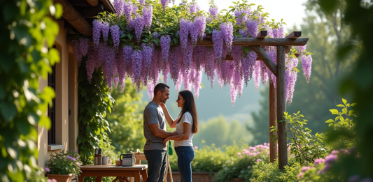 Personne taillant une wisteria sur une terrasse ensoleillee