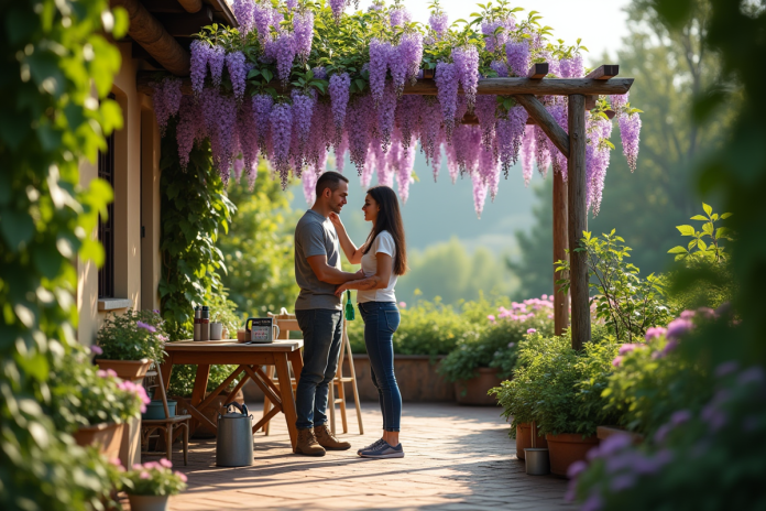 Personne taillant une wisteria sur une terrasse ensoleillee