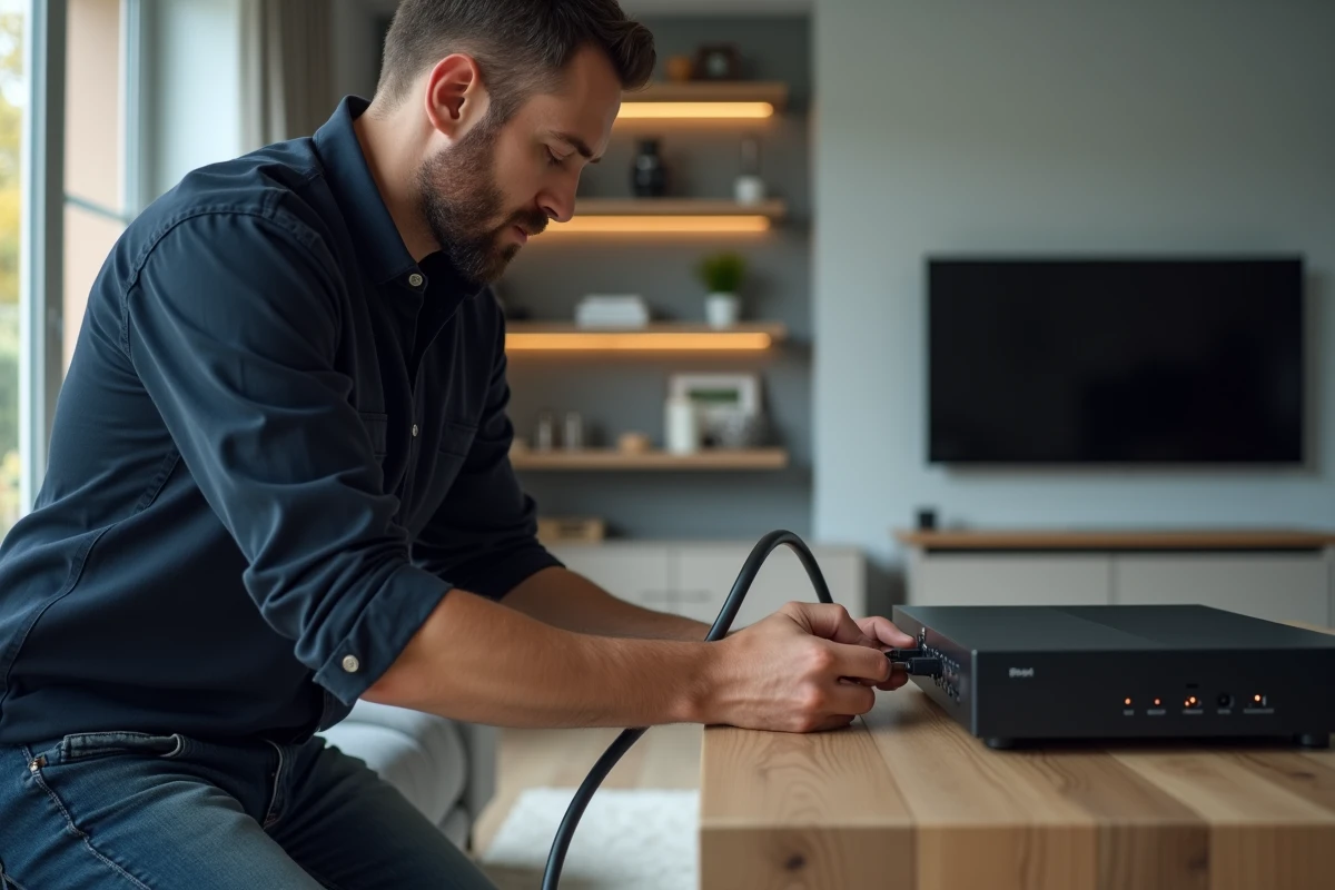 Technicien branchant un câble coaxial TV sur une box internet dans un salon moderne