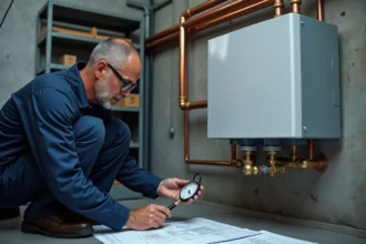 Technicien HVAC dimensionnant un système RIBO T dans une chaufferie domestique avec schémas techniques et manomètre numérique