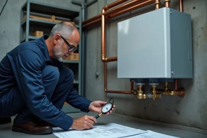 Technicien HVAC dimensionnant un système RIBO T dans une chaufferie domestique avec schémas techniques et manomètre numérique
