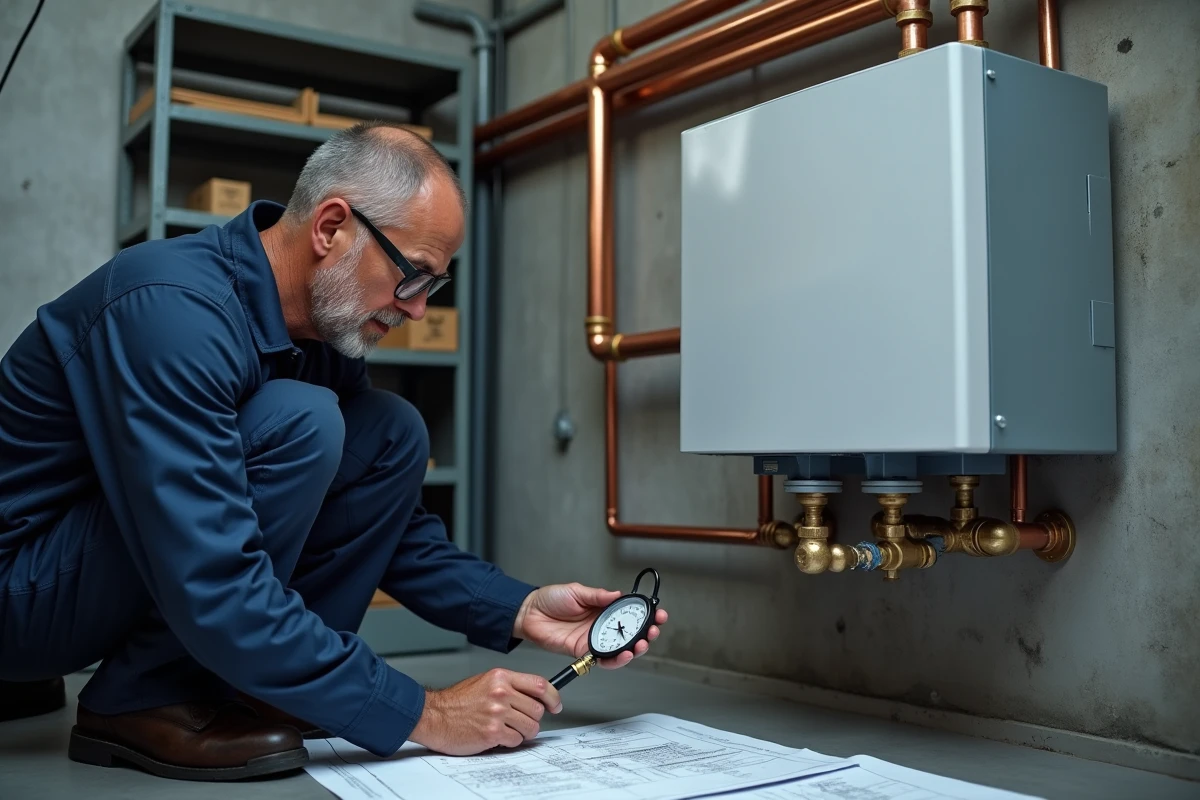 Technicien HVAC dimensionnant un système RIBO T dans une chaufferie domestique avec schémas techniques et manomètre numérique