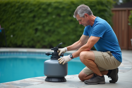 Homme en shorts et t-shirt bleu inspectant un filtre de piscine