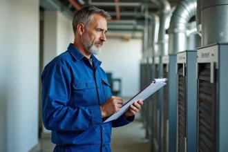 Technicien en overalls bleus vérifiant une unité HVAC