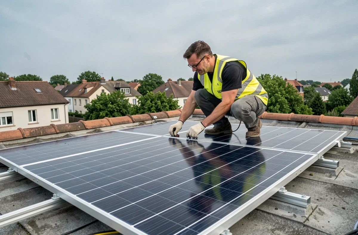 Technicien inspectant des panneaux solaires installés sur un toit résidentiel avant déclaration Enedis