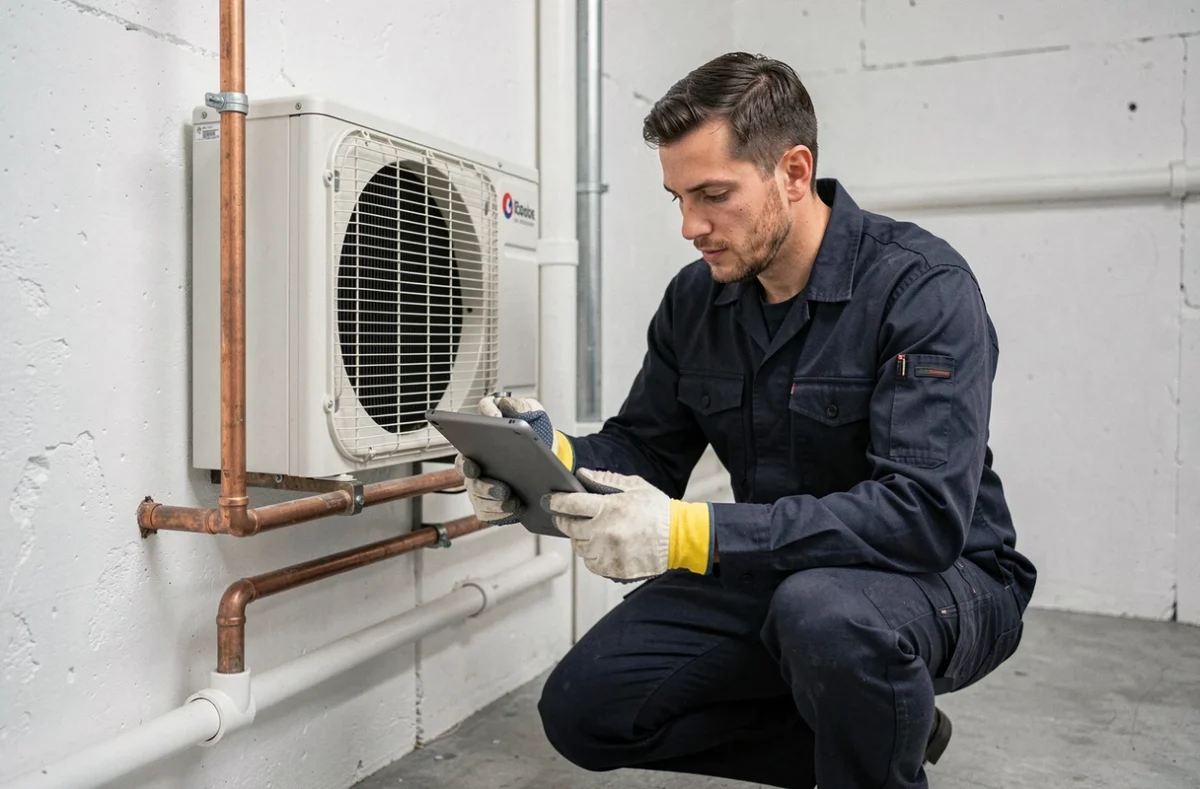 Technicien en chauffage inspectant une pompe à chaleur intérieure avec une tablette de diagnostic dans une salle technique