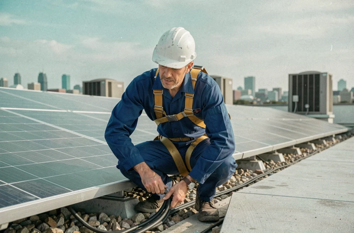 Technicien solaire installant des panneaux photovoltaïques sur un toit commercial pour atteindre une production annuelle de 5000 kWh