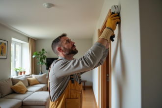 Technicien en overalls installant un détecteur de fumée au plafond