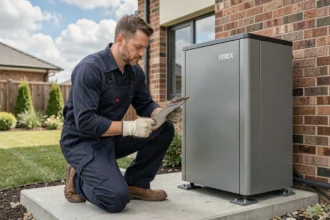 Technicien HVAC inspectant une pompe à chaleur air-eau installée à l'extérieur d'une maison résidentielle