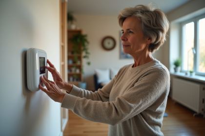 Femme ajustant un thermostat dans un appartement moderne