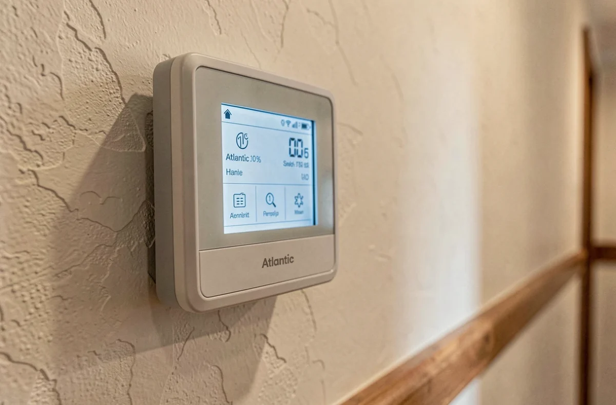 Thermostat et panneau de commande d'une pompe à chaleur Atlantic installée dans un couloir