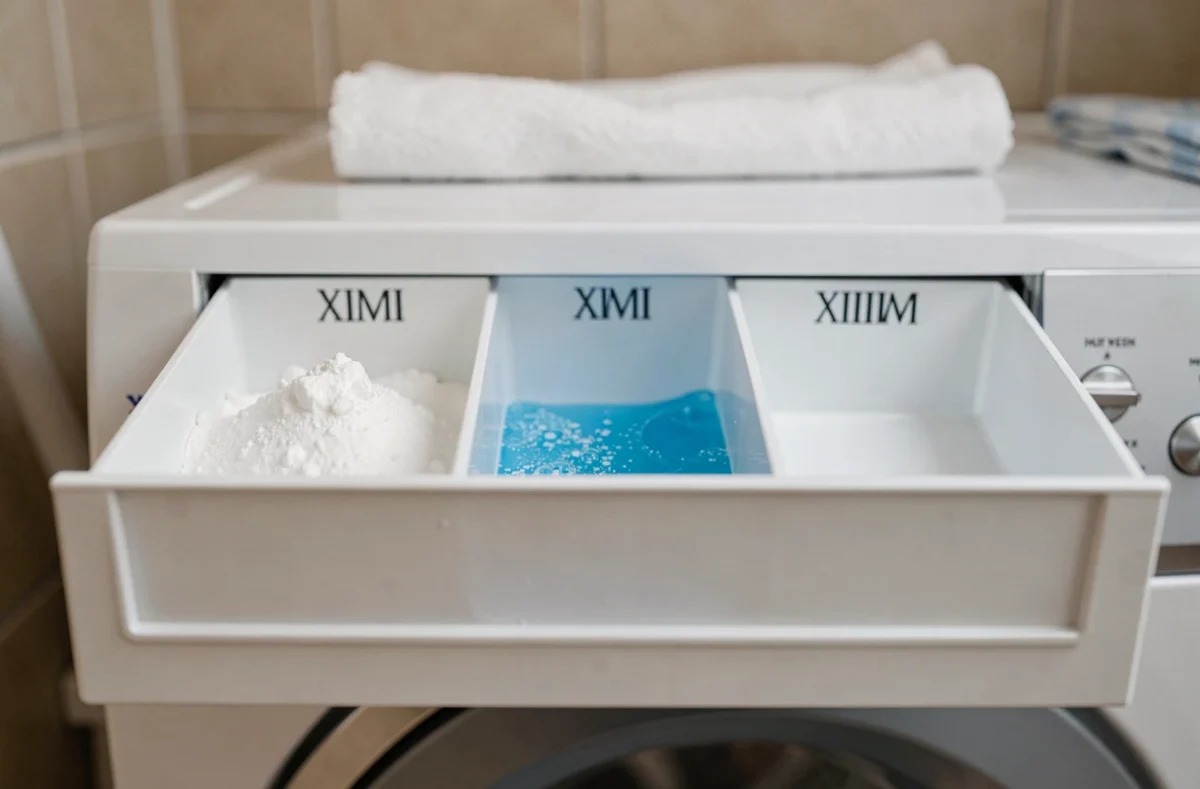 Gros plan sur le tiroir à lessive d'un lave-linge avec compartiments remplis de lessive en poudre et d'adoucissant