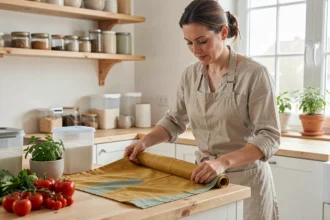 Femme dépliant un tissu coton enduit réutilisable dans une cuisine en bois pour remplacer le film plastique alimentaire