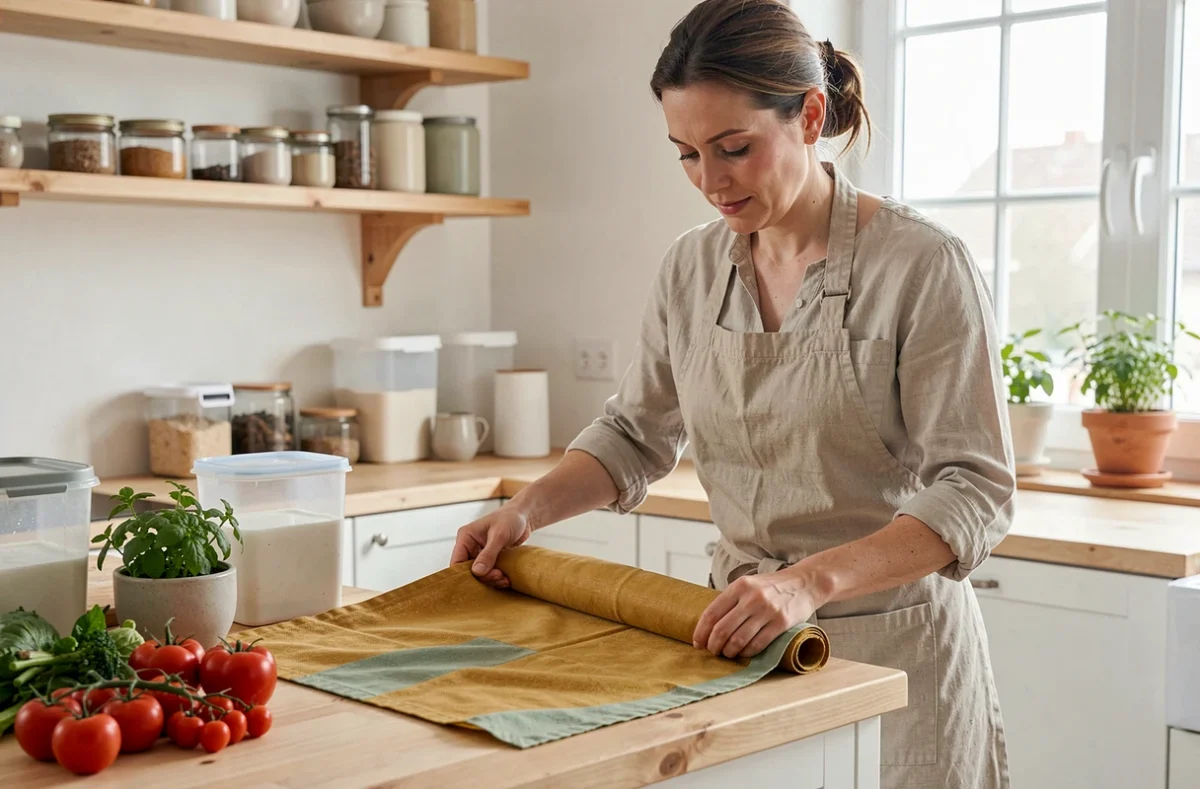 Femme dépliant un tissu coton enduit réutilisable dans une cuisine en bois pour remplacer le film plastique alimentaire