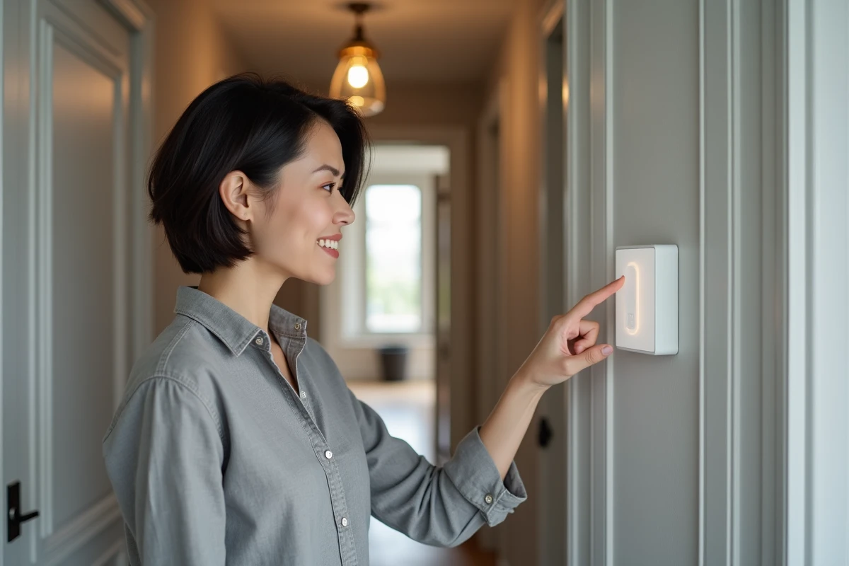 Femme utilisant un interrupteur sans fil Yokis va-et-vient installé dans un couloir rénové style haussmannien