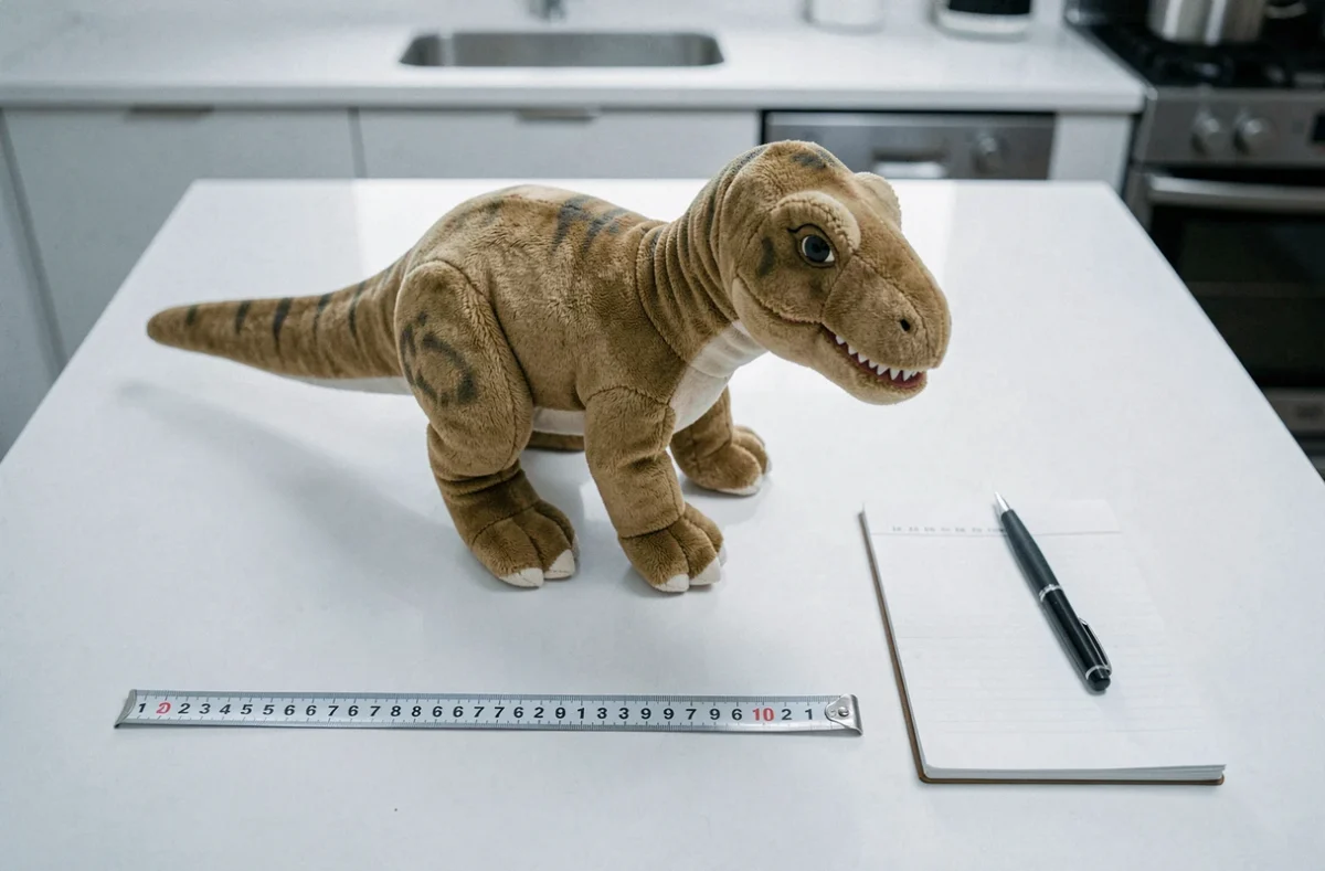 Peluche dinosaure géante posée à côté d'un mètre ruban sur une table blanche pour vérifier ses dimensions avant l'achat