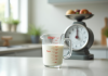 Verre mesureur de lait sur plan de travail lumineux