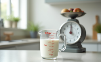 Convertir des mesures à la maison : le cas de 100 g en ml Verre mesureur de lait sur plan de travail lumineux