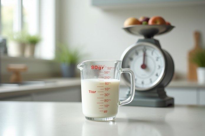 Verre mesureur de lait sur plan de travail lumineux
