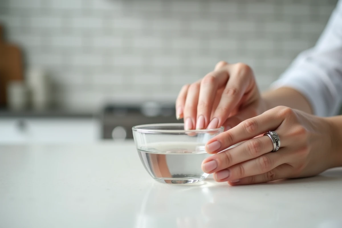 Bague en argent plongée dans un bol de vinaigre blanc pour retrouver son éclat
