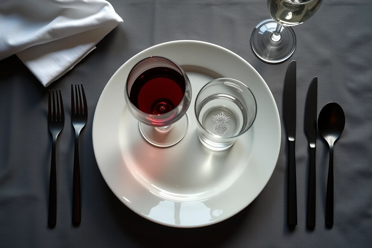 Vue de dessus d'un placement de trois verres en triangle — verre à eau, verre à vin et flûte — sur une nappe gris ardoise dans un restaurant contemporain